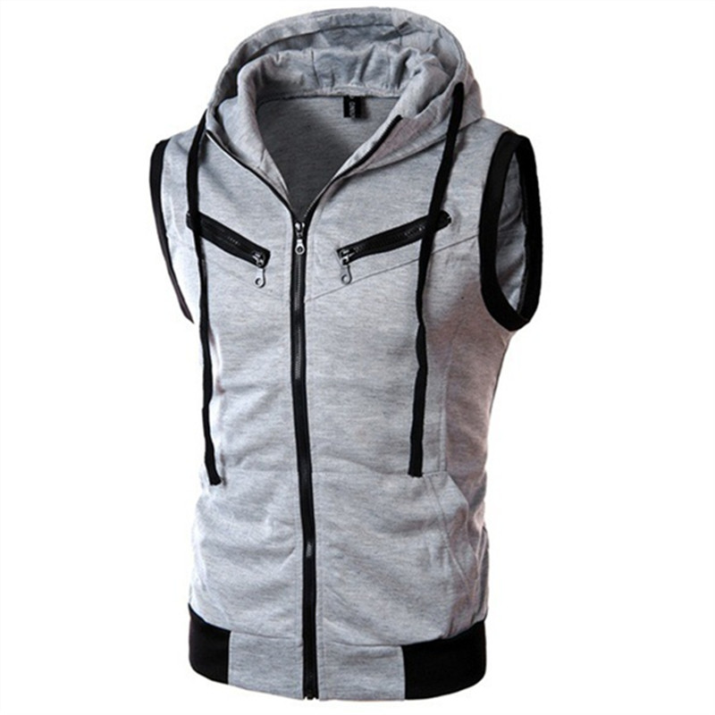 Vintage Zip Hoodie - New Men's Hooded Sleeveless Vests Solid