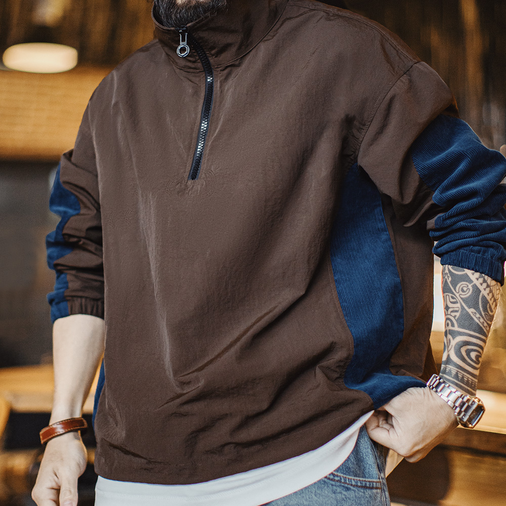 Vintage Zip Hoodie - Maden Vintage Corduroy Color-Block Half-Zip Jacket