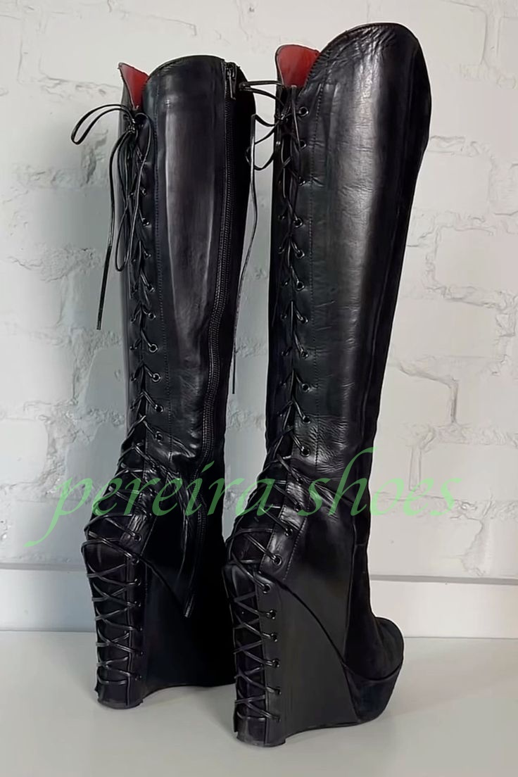 Vintage Zipper - Lady Black Platform Wedges Heel Knee