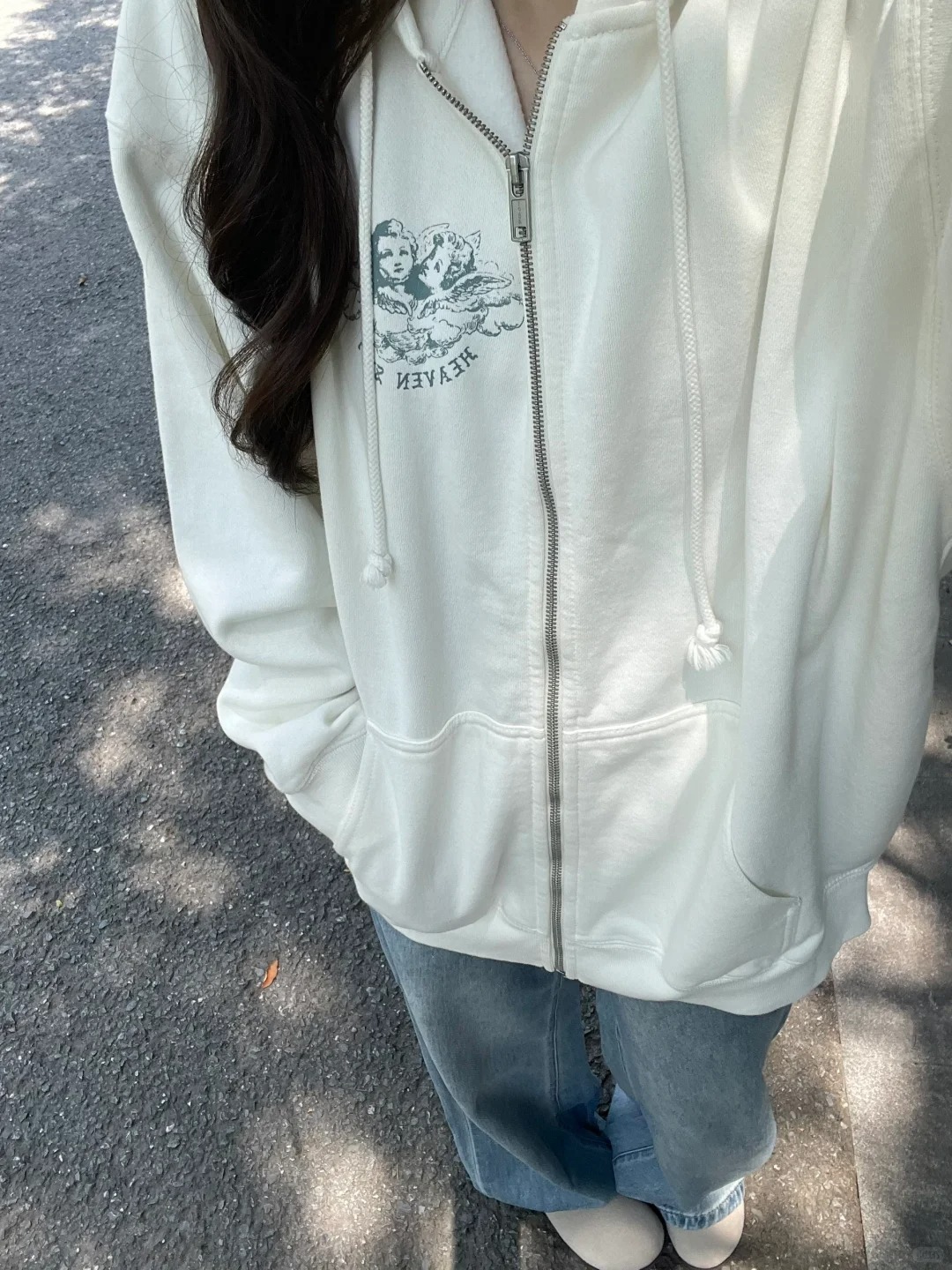 Vintage Zip Hoodie - Pocket Zip-up Sweatshirts Tops Women White