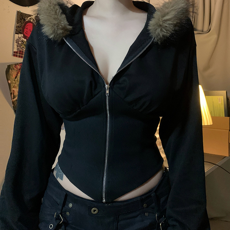 Dark Goth Autumn Winter Faux F - Vintage Zip Hoodie 评论和价格