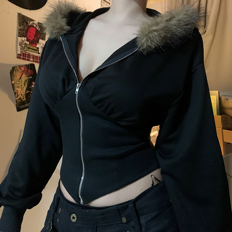 Dark Goth Autumn Winter Faux F - Vintage Zip Hoodie 评论和价格