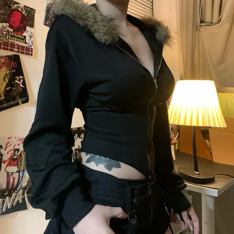 Dark Goth Autumn Winter Faux F - Vintage Zip Hoodie 评论和价格